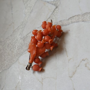 Coral Bouquet Pin / Antique Estate Circa 1880 10K Gold Natural Coral Carved Bouquet Lapel Pin / Coral Lapel Pin  2 1/8&quot;