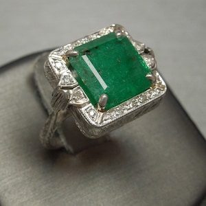 Antique Art Deco Estate C1930 Platinum 6.82TCW Square Emerald Solitaire & Diamond Statement Ring Sz 6.5