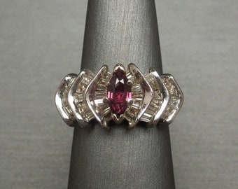 Vintage Estate C1970 14K White Gold 2.90TCW Marquise Ruby Solitaire & Diamond Baguette Statement Ring Sz 6.5