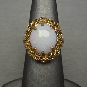 Vintage Mid Century Estate C1960 14K Gold Natural Opal Solitaire Filigree Style Ring Sz 6.5 - 6.75