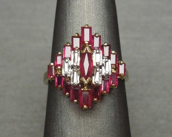 Vintage Estate 14K Gold 2.20TCW Marquise Ruby, Baguette Ruby & Diamond Baguette Pyramid Cluster / Ruby Cocktail Ring Sz 7