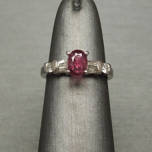 Vintage Estate Platinum 0.95TCW Oval Ruby Solitaire & Baguette Round Diamond Engagement Ring Sz 4.75