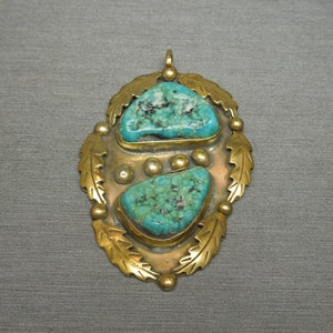 Unisex Vintage Mid Century Estate C1960 Gold Vermeil Double Turquoise Amulet Statement Pendant 2.40&quot; x 1.50&quot;