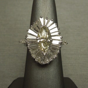 Marquise Diamond Ballerina Ring / Mid Century Estate C1960 14K White Gold 5.48TCW Yellow Diamond & Baguette Ballerina Cocktail Ring  Sz 7