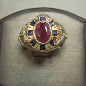 Men&#39;s Vintage Estate C1970 14K Gold Nautical Patriotic 1.83TCW Bezel set Oval Ruby Solitaire Square Sapphire & Diamond Ring Sz 7.5
