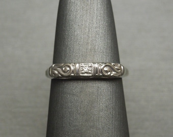 Mid Century Estate C1960 14K White Gold Single cut Diamond Solitaire Wedding Band / Vintage White Gold Diamond Band  Sz 5
