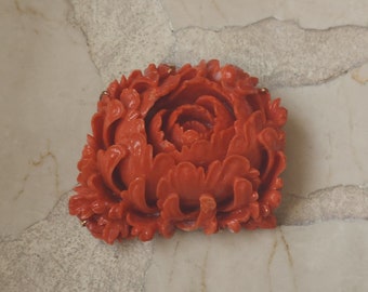 Coral Chrysanthemum Brooch / Antique Victorian Estate C1900 10K Gold 205ct Hand Carved Natural Ox Blood Red Coral Chrysanthemum Flower Pin