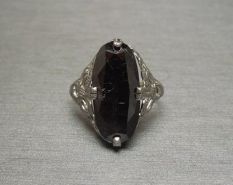 Antique Estate C1910 14K White Gold Filigree Bow 7.06 carat Black Diamond Solitaire / Engagement Ring Sz 6