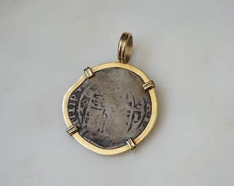 14K Gold Shipwreck Coin Pendant / Unisex Men's Vintage Estate 14K Gold Frame Pirate Shipwreck Silver Coin Medal Pendant  1.5"