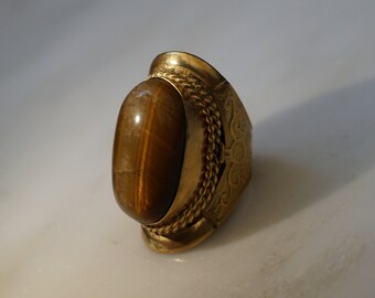 Vintage Tiger Eye Ring / Vintage Estate Gold Vermeil over Bronze Byzantine Roman Style Tiger's Eye Long Statement Ring  Adjustable Size 8+