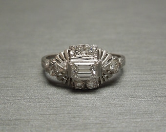 Antique Estate C1940 14K White Gold 0.56TCW F VS2 Emerald cut Diamond Solitaire & Brilliant Accent Diamond Engagement Ring Sz 6.5