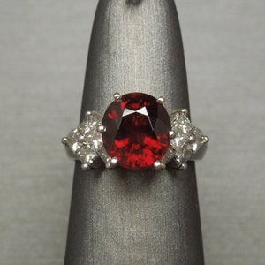 Vintage Estate 14K White Gold 5.55TCW 4 carat Red Zircon Solitaire & Square Radiant cut Diamond Statement / Engagement Ring Sz 5.5