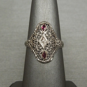 Antique Belle Epoque Estate C1910 14K White Gold Filigree 0.10TCW Diamond & Ruby Shield Dinner Ring Sz 6.75