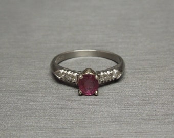 Vintage Estate C1950 Platinum 0.64TCW Red Ruby Solitaire & Diamond Engagement Ring Sz 5.75
