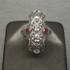 Antique Estate C1910 18K White Gold Filigree 0.40TCW Diamond & Ruby Shield Dinner Ring Sz 5