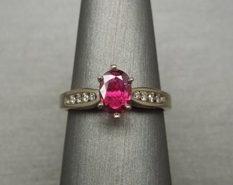 Vintage Estate 10K White Gold 0.95TCW Oval Ruby Solitaire & Channel Diamond Engagement Ring / Ruby Engagement Ring Sz 7.25