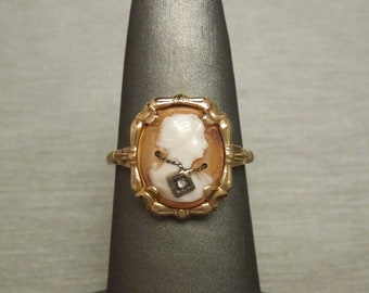 Antique Estate C1930 Victorian Style 10K Gold Bamboo Conch Shell Cameo & Old European cut Diamond Ring Sz 6.75  0.60&quot;