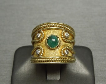 Vintage European Estate C1970 18K Gold 0.74TCW Bezel Emerald Solitaire & Diamond Etruscan Style Cigar Band / Wide Emerald Band  Sz 4.5