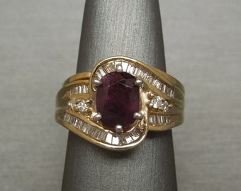 Vintage Estate Art Deco ByPass Design 14K Gold 3.16TCW Oval Ruby Solitaire & Baguette / Round Diamond Spiral Wide Band Ring Sz 5.5