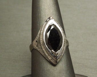 Antique Estate C1920 14K White Gold Engraved Filigree 3.45 carat Black Diamond Solitaire Unique Engagement / Shield Dinner Ring Sz 9.5