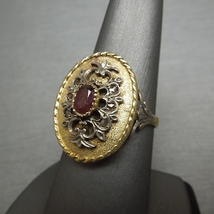 Vintage Estate C1950 18K Gold + Sterling Silver Fleur de Lis 0.74TCW Ruby Solitaire & Rose cut Diamond Oval Dinner / Statement Ring Sz 9