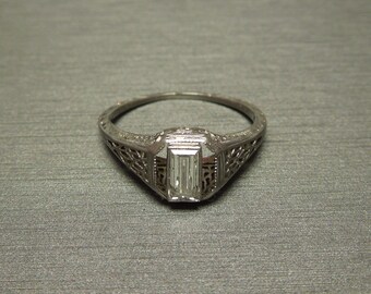 Antique Art Deco Estate C1910 18K White Gold Filigree 0.58ct F VVS2 Bezel set Emerald cut Diamond Solitaire / Engagement Ring Sz 5.5