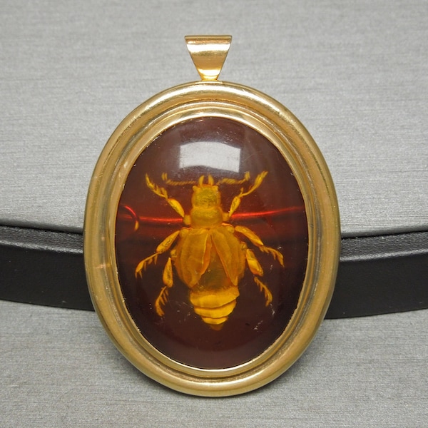 Vintage Estate C1970 Gold Vermeil Hand Etched Beetle Oval Amber Pin / Pendant 2.50" x 1.70"