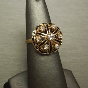 Vintage Estate C1960 Victorian Style 14K Gold & Black Enamel 0.42TCW Brilliant Diamond Circular Pinwheel Cluster Dome Dinner Ring Sz 7