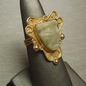 Handmade Vintage Estate C1950 925 Gold Vermeil Carved Green Agate Mayan / Aztec Head Ring Sz 7