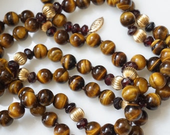 14K Tiger Eye Necklace / Vintage Estate Tiger's Eye, Garnet, & 14K Gold Fluted Ball Long Strand Bead Necklace / Tiger Eye Beads  41"