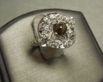 Antique Art Deco Estate C1940 14K White Gold 1.31TCW Cats Eye Alexandrite & Diamond Circular Cocktail Dinner Ring Sz 6.5