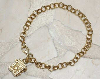 Locket Charm Bracelet / Vintage Estate 1980s Gold Vermeil Sterling Silver Cross Mini Safe Locket Charm Bracelet / Gold Charm Bracelet  7"