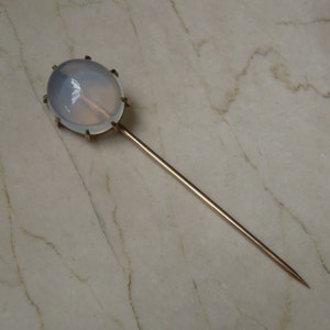 Antique Moonstone Stick Pin / Victorian Estate Circa 1880 10K Gold &#39;Hidden Eye&#39; Moonstone Stick Pin  2.5&quot;