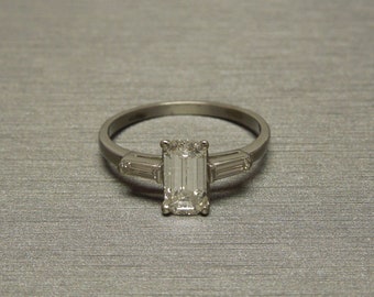 Vintage Classic Estate C1950 Platinum 1.28TCW E SI2 1.06ct Emerald cut Diamond Solitaire & Baguette Engagement Ring Sz 5.75