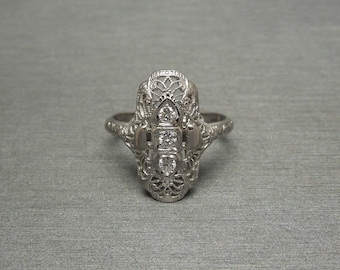 Art Deco Estate C1920 18K White Gold Filigree 0.14TCW Three Diamond Eternity Band Shield Ring / Eternity Dinner Ring  Sz 7