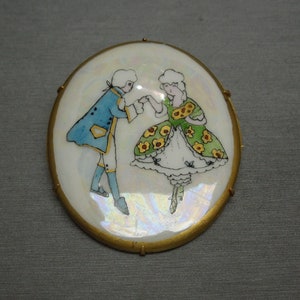 Antique Estate C1900 Hand Painted Victorian Man & Lady Courtship Pin / Antique Portrait Pin / Victorian Lapel Pin  2.5&quot; x 2&quot;