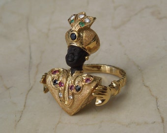 Vintage Italian Estate C1970 18K Gold 0.38TCW Diamond & Precious Gemstone Blackamoor Nubian Head Statement Ring  Sz 8.5