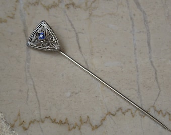Art Deco Stick Pin / Art Deco Estate Circa 1910 14K White Gold & Platinum Filigree French cut Sapphire Shield Stick Pin  2.25"