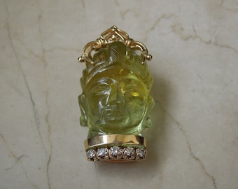 Vintage Estate 14K Gold Carved Lemon Aquamarine Orientalist Head & Brilliant Diamond Amulet Pendant Attachment  1.5"