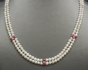 Vintage Estate 14K Gold Double Strand Pearl & Ruby Necklace / Double Strand Pearl Necklace  16.75"