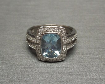 Estate 18K White Gold 4.90TCW Bezel set Cushion cut Aquamarine Solitaire & Diamond Square Ring Sz 6.25