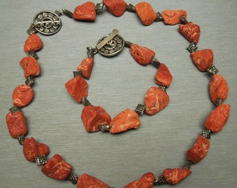Vintage Estate Ancient Roman Style Sterling Silver Natural Red Coral Necklace & Bracelet 2PC Set