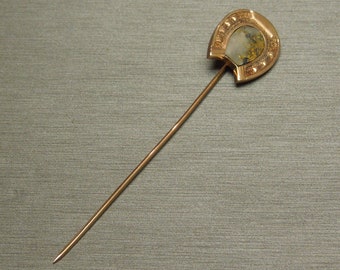 Antique Victorian Estate C1890 10K Gold Stone Agate California Gold Rush Horseshoe Stick Pin 2.75"