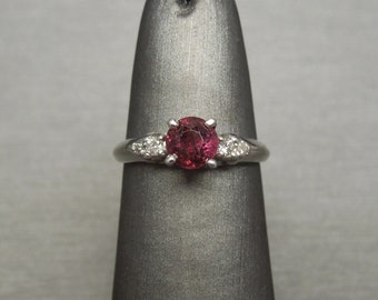 Vintage Mid Century Estate C1960 Platinum 1 carat Pigeon Blood Ruby Solitaire & Diamond Engagement Ring / Platinum Ruby Ring  Sz 4.75
