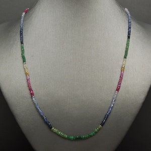 Vintage Estate 14K White Gold Filigree Clasp Ruby, Sapphire, & Emerald Bead Necklace / Precious Gemstone Ombre Necklace  19.5&quot;