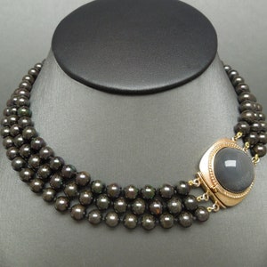 Vintage Estate C1970 14K Gold Black Moonstone & Triple Strand Black Peacock Pearl Choker Necklace 14.5&quot;
