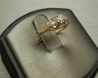Antique Estate C1930 14K Gold 0.18TCW E SI2 Old European cut Solitaire & Rose cut Diamond High Profile Engagement Ring Sz 6