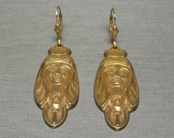 Vintage Estate Egyptian Revival Gold Plated Statement Long Drop Earrings 2.5" x 0.70"