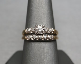 Mid Century Estate C1960 10K Gold 0.26TCW Round Diamond Square Illusion Engagement Ring & Wedding Band Set / Vintage Wedding Set  Sz 10