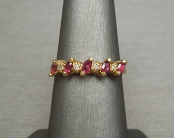 Vintage Estate C1970 14K Gold 0.48TCW Marquise Ruby & Diamond July Birthstone Wedding Ring / Band Sz 7.5